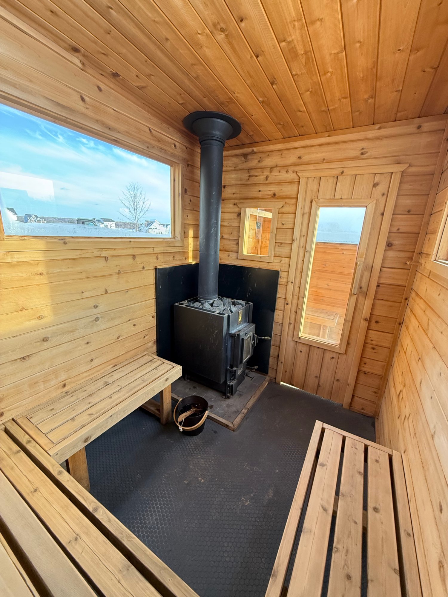 Wood fire stove inside sauna